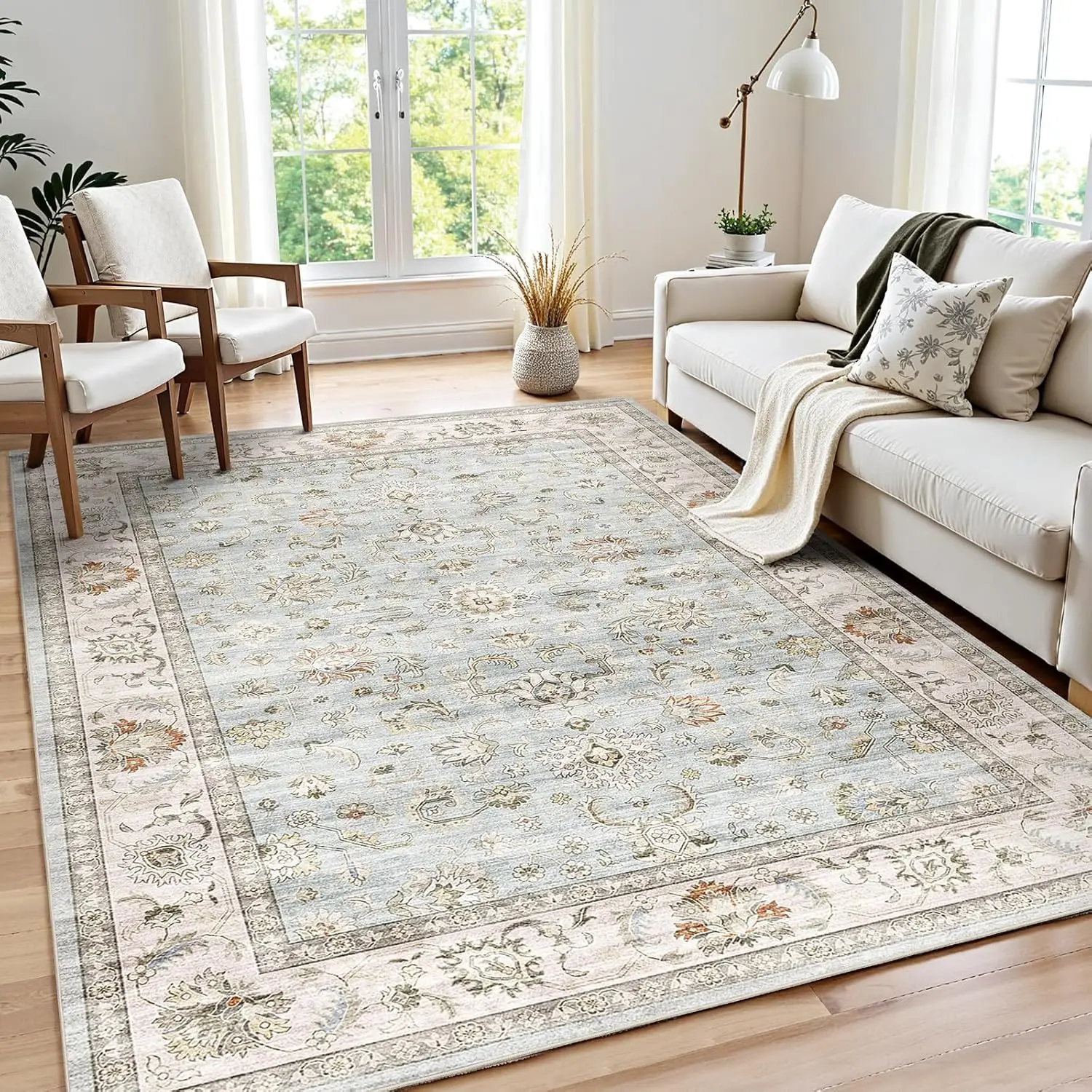 

Машинная стирка, нескользящий винтажный ковер для гостиной, спальни, столовой - светло-голубой