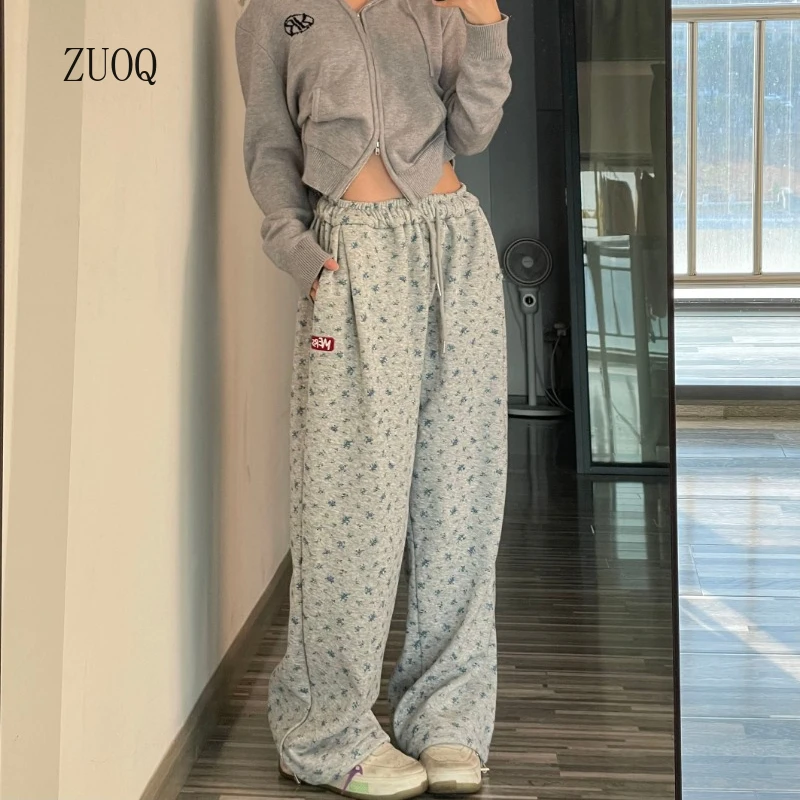 

American Floral Wide-legged Pants Women's Drawstring Full Length Mid-waisted Straight Loose Versatile Casual Sweatpants Female