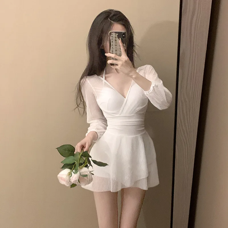Swimsuit Women's One-piece Dress Style Conservative Belly-covering and Slimming Hot Spring Long-sleeved Sun Protection Vacation