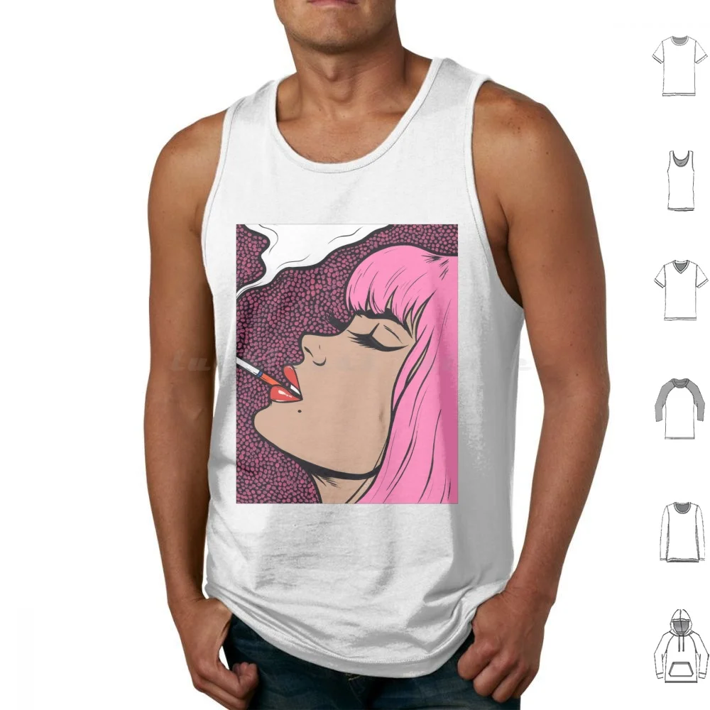 Pink Smoking Comic Girl Tank Tops Print Cotton Sad Woman Art Cigarette Girl Comic Book Style Vintage Modern Art Original