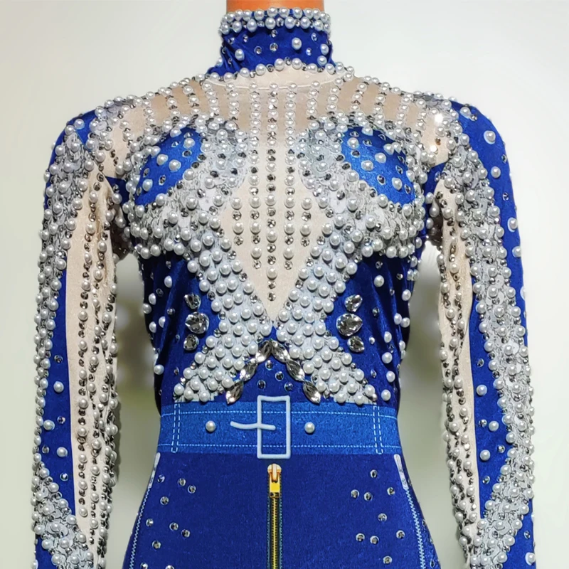 Nuovo Sexy Pole Dance Abbigliamento Perle Strass Stretch Body Donna Gogo Ballerino Costumi Rave Abiti Bar Ds Dj Clubwear ﻿