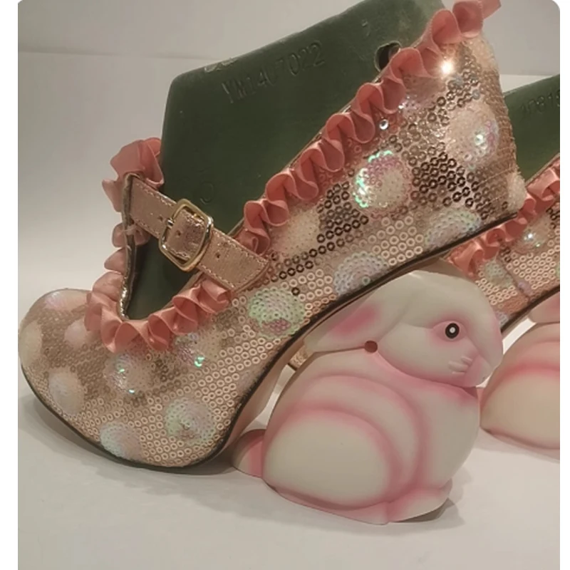 لطيف الأرنب كعب مطرزة الوردي الدانتيل ماري جين أحذية امرأة الربيع والخريف الحلو لوليتا نمط أحذية عالية الكعب على شكل الكعوب مضخات #1