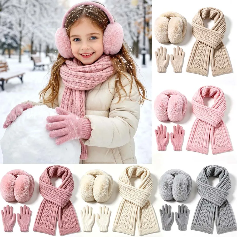 Kids Winter Earmuffs Scarf Gloves Set Solid Color Warm Knit Neck Scarf Full Finger Glove for Boys Girls Winter Accessories 3-10Y