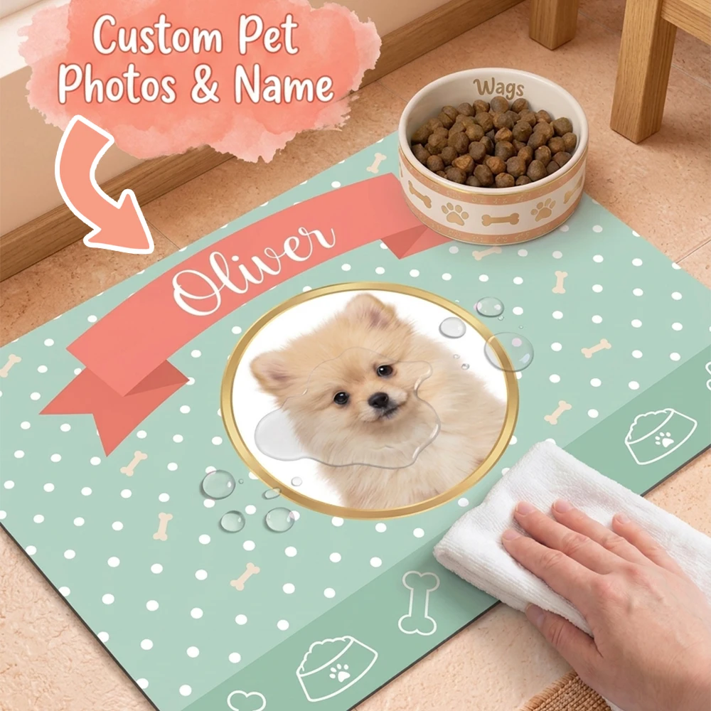 1pc Custom Pet Photo & Name Feeding Mat,Mint Polka Dot Ribbon Placemat,Pet Bowl Placement,Daily Dog Feeding Use,Pet Birthday