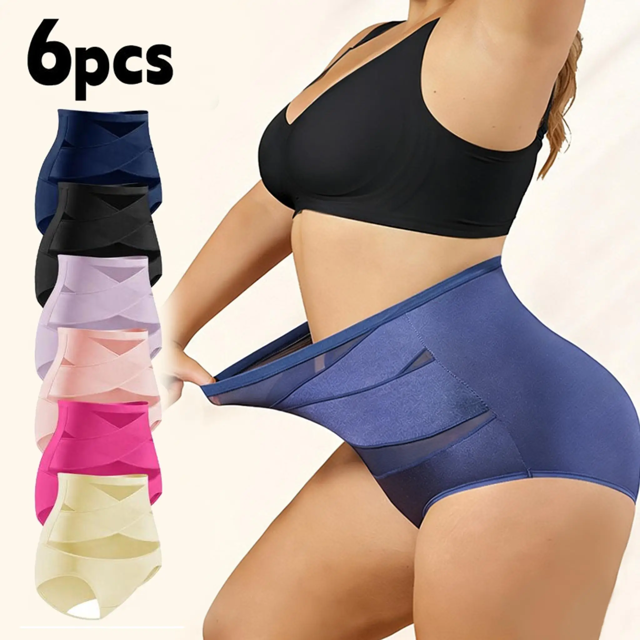 Image of 6er-Pack High-Waist Damen-Slips: Atmungsaktive, figurformende Shapewear mit Mesh-Kreuzung, Bauchkontrolle, Eisseide, nahtlos, Triangel-Slips für einen flachen Bauch