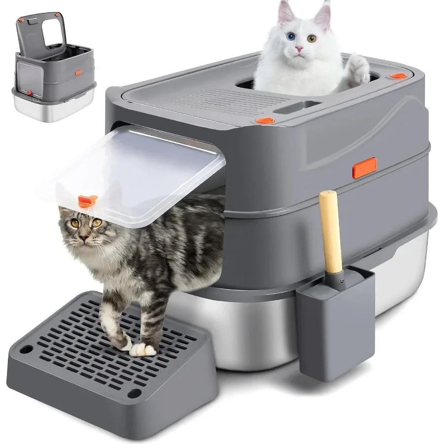 

XXL Stainless Steel Enclosed Litter Box with 180 FlipTop Lid 23.6x 15.7x 15.7 Features Builtin Filter Pedal Scoop AntiLeakage D