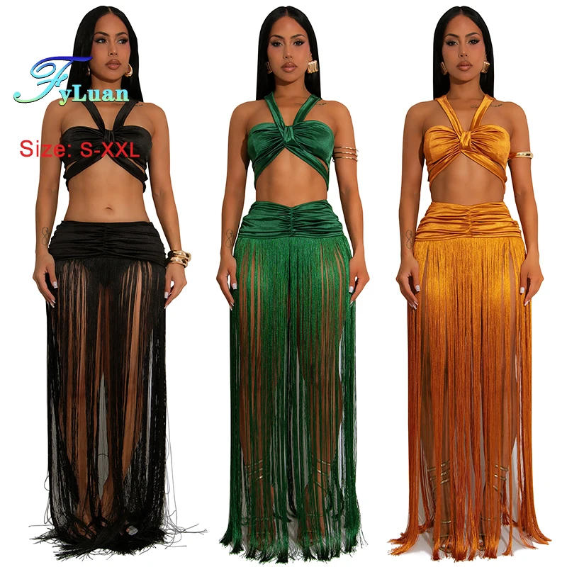 Fashion Women Clothes Sexy Top Tassels Long Dress Two-Piece Set Solid Color Suspender Skirt Sets Cocktail Prom Nightclub Clothes