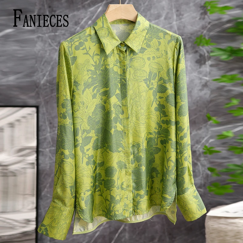 

FANIECES Plus Size 3XL Luxury Women Shirt Green Vintage Print Shirt Autumn Long Sleeve Lapel OL Blouse Casual Tops Blusas блузка