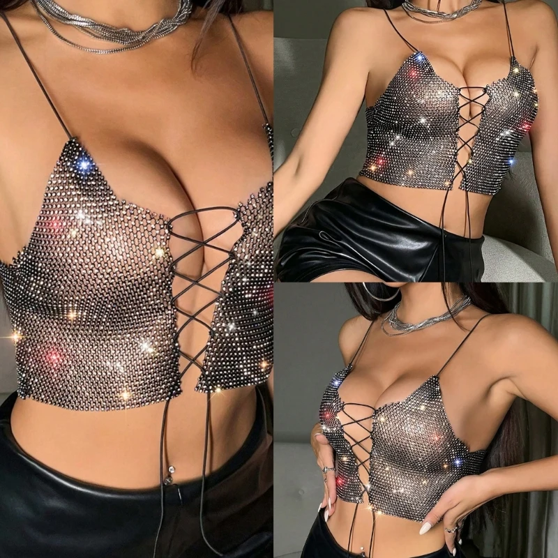 

Unique Tie Front Fishnet Camisole with Rhinestones Vest for Fashion Enthusiasts