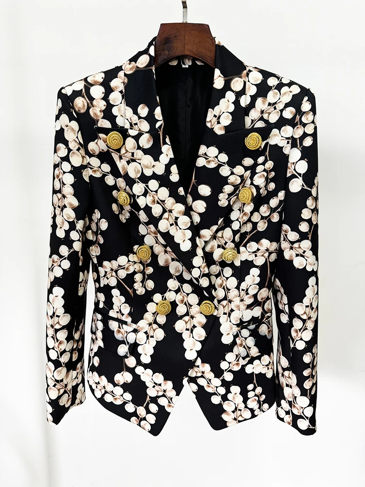 

HIGH STREET Newest 2024 Designer Jacket Women's Slim Fitting Snail Metal Buttons Redcurrant Printed Blazer