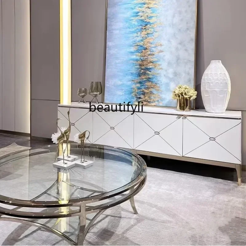 

American light luxury stainless steel living room coffee table tempered glass round coffee table Italian tea table9344