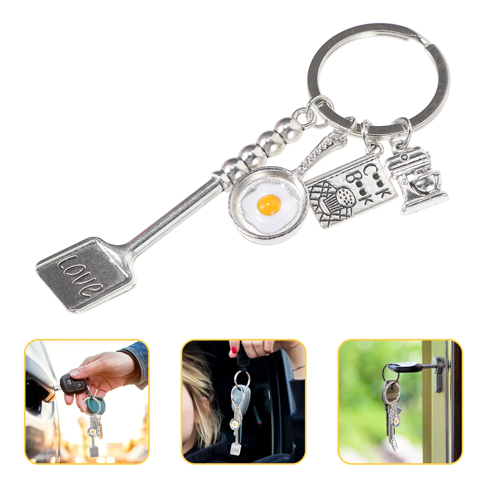 Fried Egg Keychain Tableware Keychains for Car Keys Pendant Women Bag Ring Alloy Lovers Child Utensil Gift