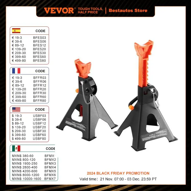 VEVOR Jack Stands 3 Ton (6,000 lbs) Capacity Car Jack Stands Double Locking 10.8-16.3 inch Adjustable Height for lifting SUV