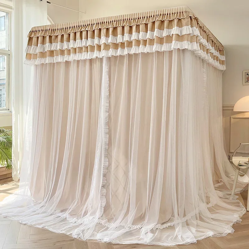 Double Layer Shading Palace Mosquito Net Three-Door Bed Curtain Valance Thickened Stainless Steel Bracket Bedroom Decoration