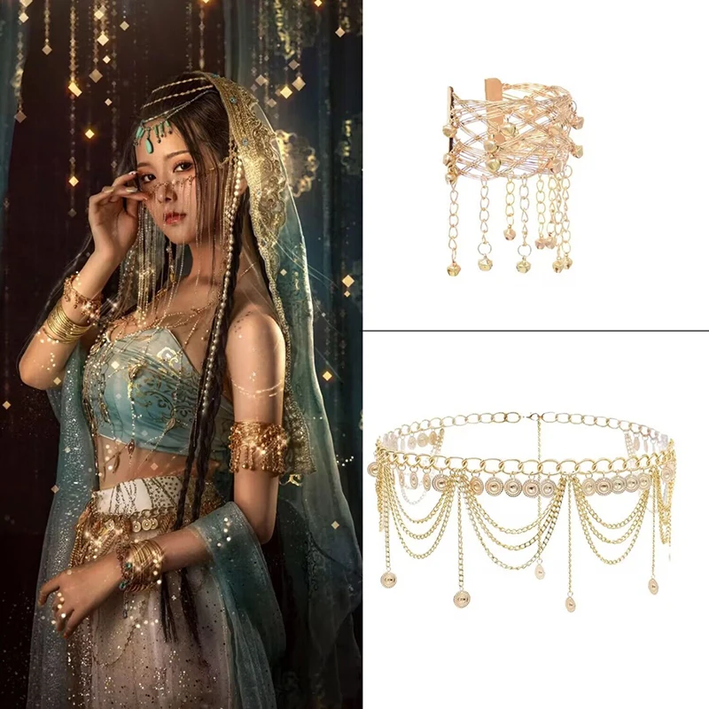 Indian Belly Dance Jewelry Accessories Sets Women Vintage Alloy Tassel Waist Chain Bracelet Dance Exotic Ethnic Body Jewelry Set