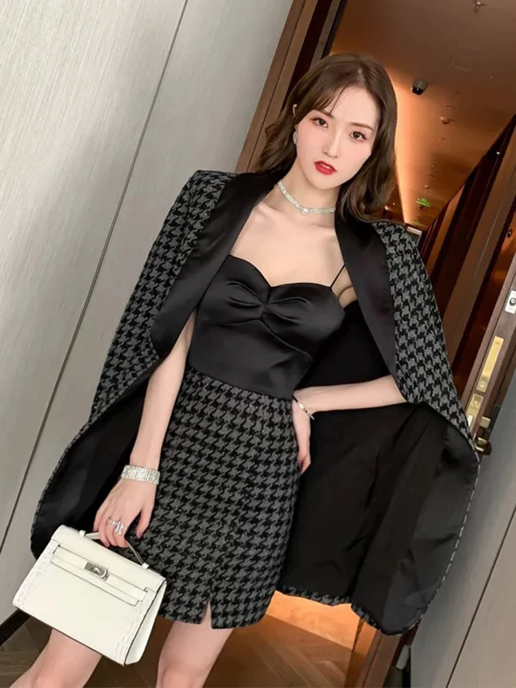 Fashion Spring Women Temperament Elegant Blazer Bright Silk Suit Retro Strap Satin Patchwork Houndstooth Dress 2 Piece Set