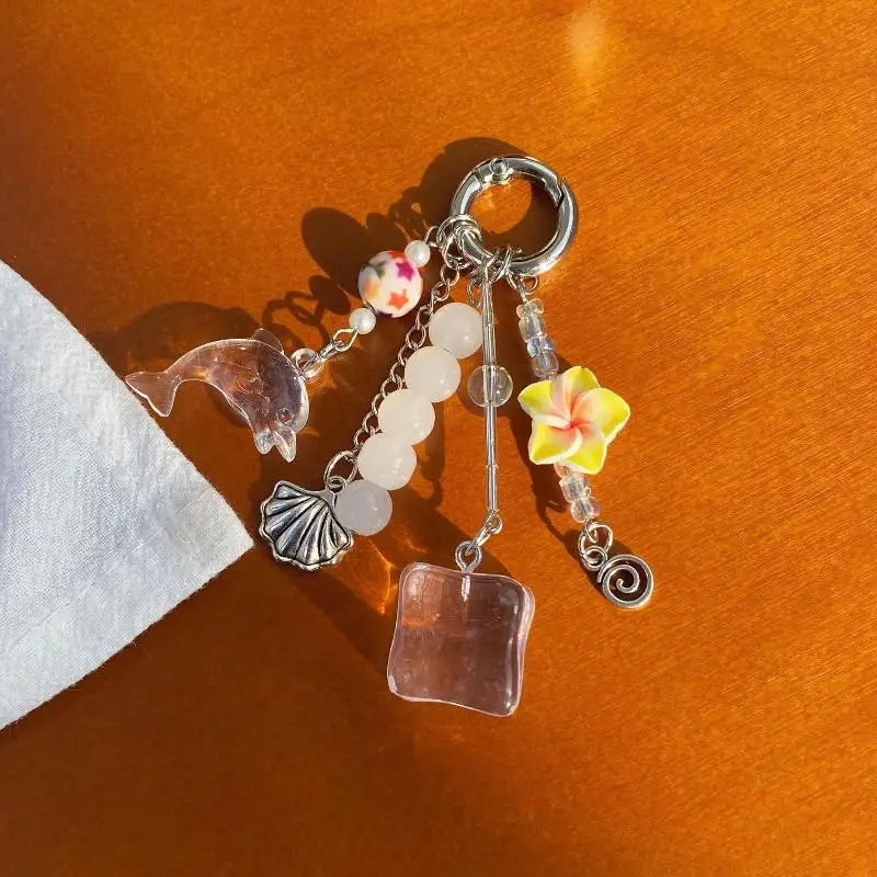 1 Stück süßer Retro-Delfin-Spitzenblumen-Taschenanhänger, Y2K Sommer-Strand-Insel-Ozean-Quasten-Schlüsselanhänger, Handy-Lanyard, Rucksack- und Handtaschen-Dekoration – Detail 6