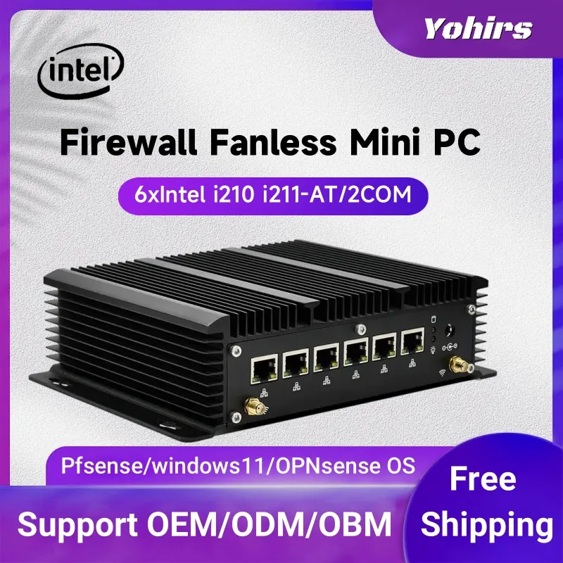 Yohirs 6xRJ45 Intel i210/i211-ATFanless Mini Router i5 7360U i3 7100U 2*Rs232 Industrial Mini PC Pfsense ESXi firewall Router