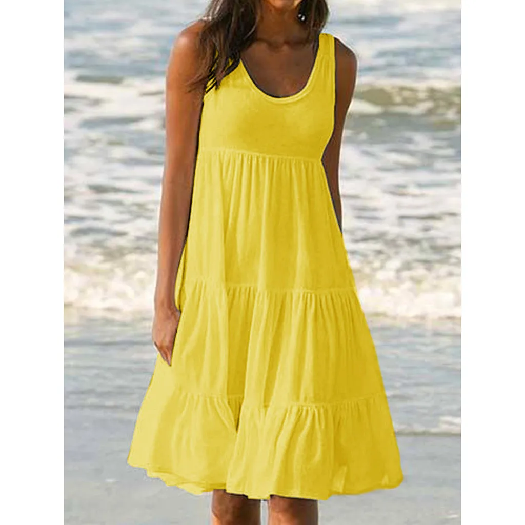 

Women Boho Beach Dress Summer Spaghetti Strap Solid Color Loose Vacation Beach Cami Dress Ladies Cotton T shirt Tank Sundress