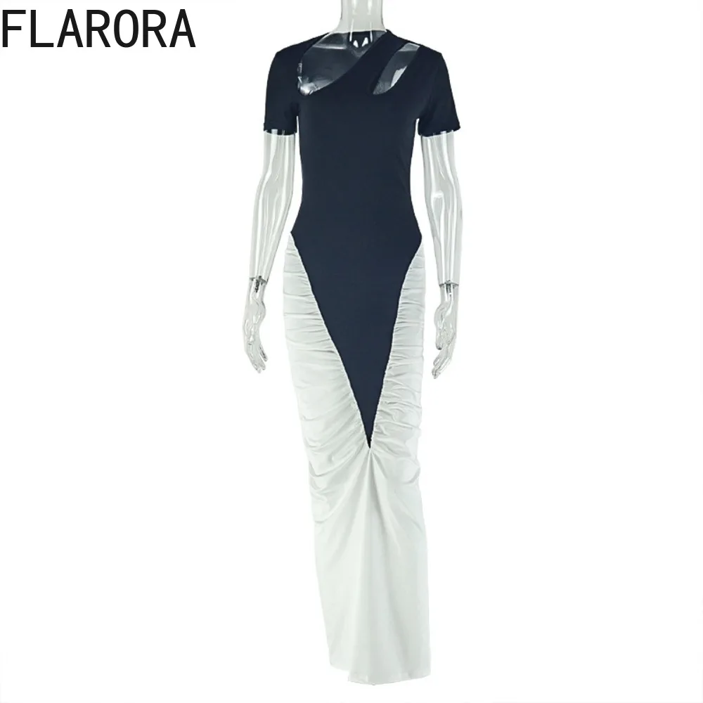 Florora elegante ruched retalhos maxi vestido mulher gola inclinada oco para fora magro vestidos longos moda festa clubwear vestidos