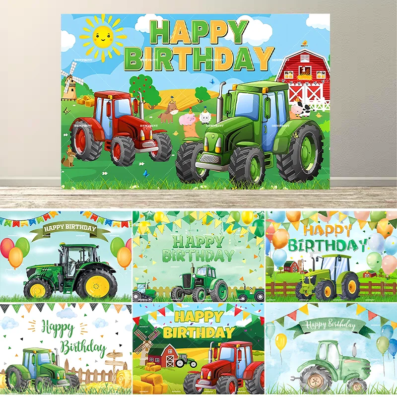 Dewprint Green Red Tractor Birthday Party Decor Backdrop Background Boys Farm Tractor Party Photography Banner Supplies Props