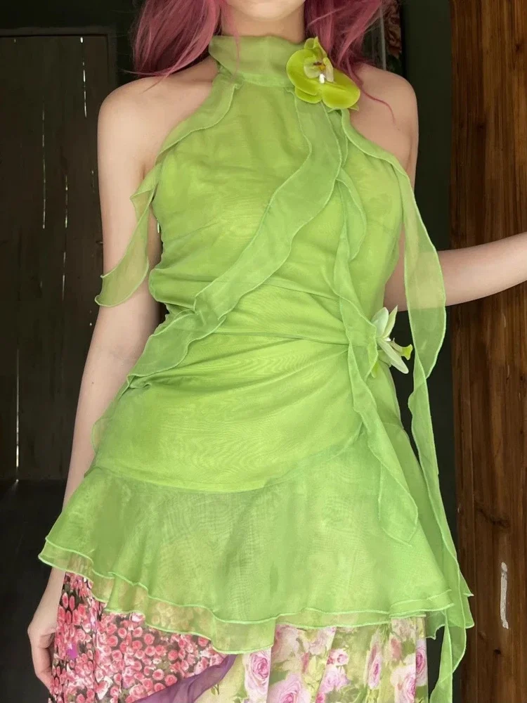 Y2k-Top con cuello Halter para mujer, Top Sexy estético sin mangas con volantes irregulares, camisola ajustada Grunge con flores 3d Vintage Harajuku