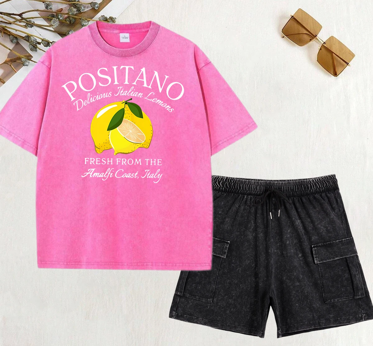

Positano Fresh Lemon From The Amalfi Coast Printed Washed T-Shirts Set Women Summer Loose T Shirt Casual Pants O-Neck Clothing