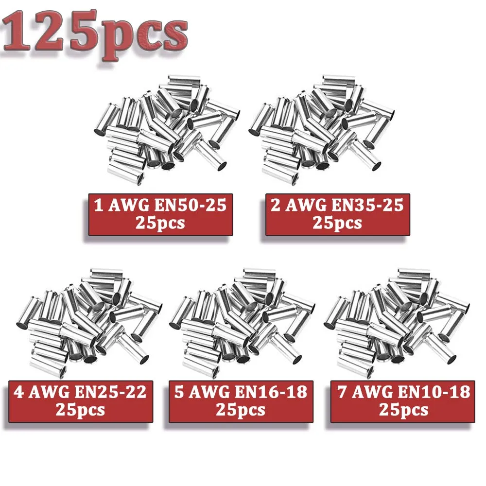 125Pcs 1/2/4/5/7 AWG Non-Insulated Ferrule Copper Crimp Terminals Assortment Kit for Electrical Wire Cable 5 Sizes