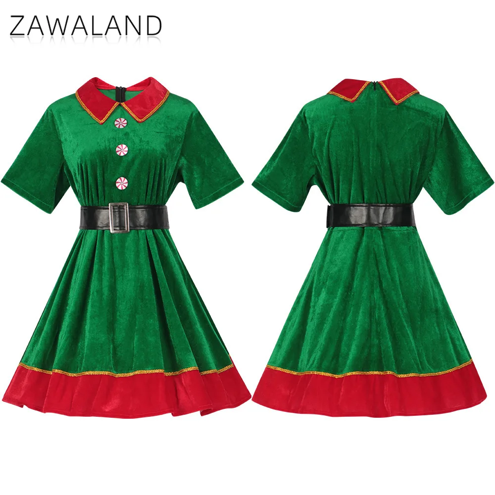 عيد الميلاد قزم تأثيري حلي امرأة الأخضر المخملية ألف خط فستان مع حزام عيد الميلاد مرحلة الأداء فساتين عطلة حفلة الزي #1