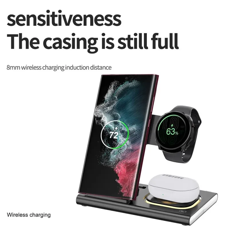 30W 3 in 1 LED Foldable Watch Wireless Charger Stand For Samsung S24 S23 S22 Watch 6 5 4 Active 1 2 Galaxy Buds Fast Charging