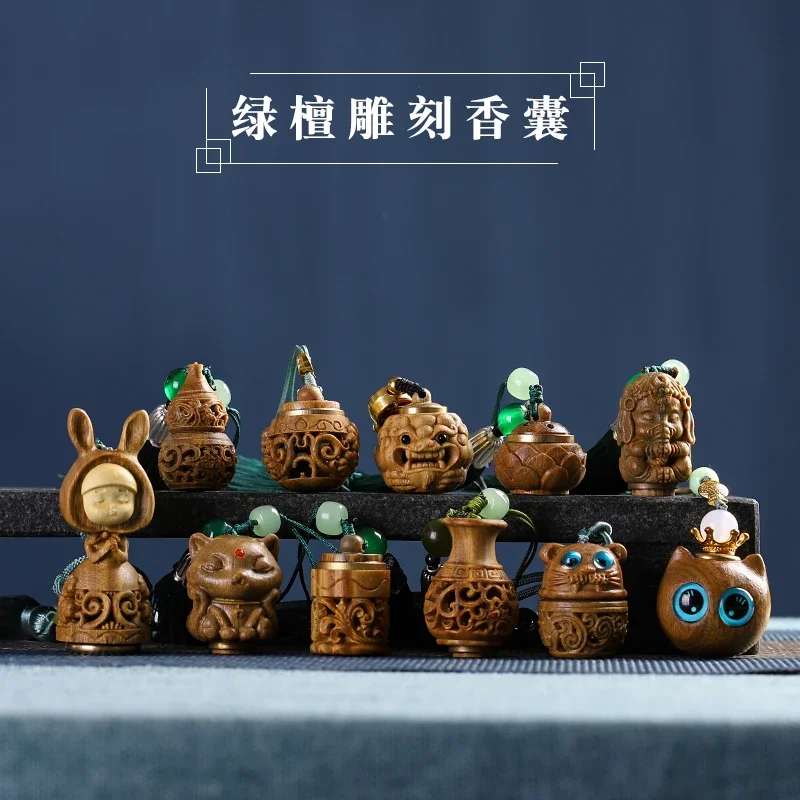 Natural Green Sandalwood hollow Carvey Pixiu lotus Gourd Landscape During Sachet Wood Carving Toy Keychain Shop