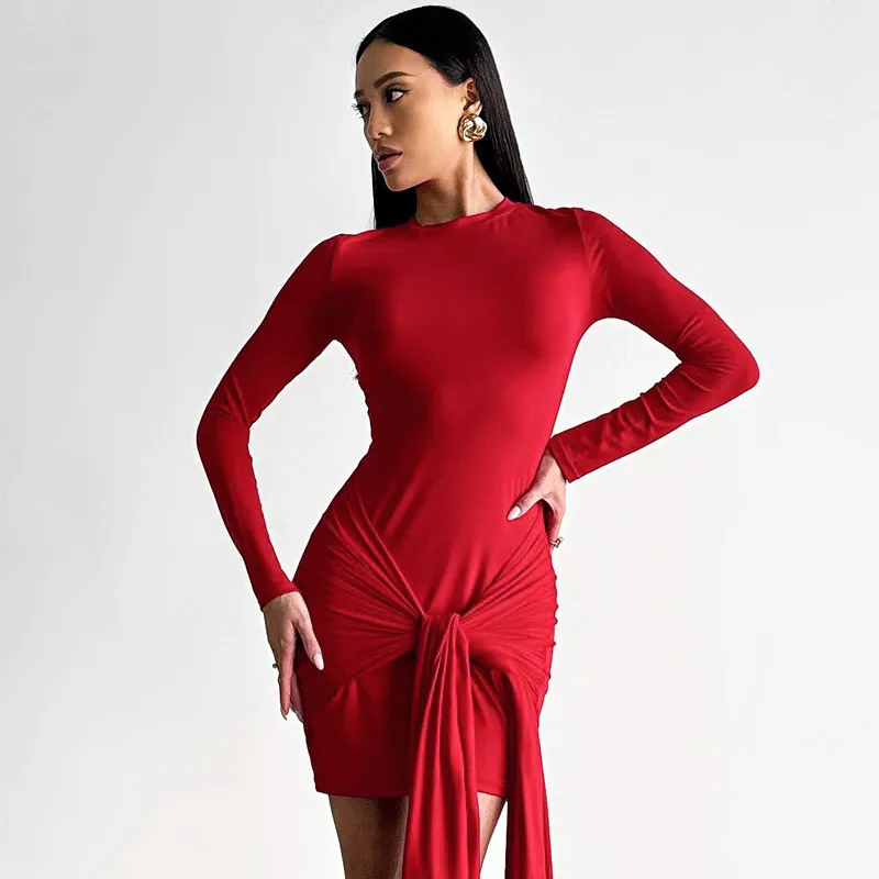 

women's clothing autumn new long-sleeved crew neck fashion streamer slim-fitting hip-wrapped dress women's jumpsuit sexy dress