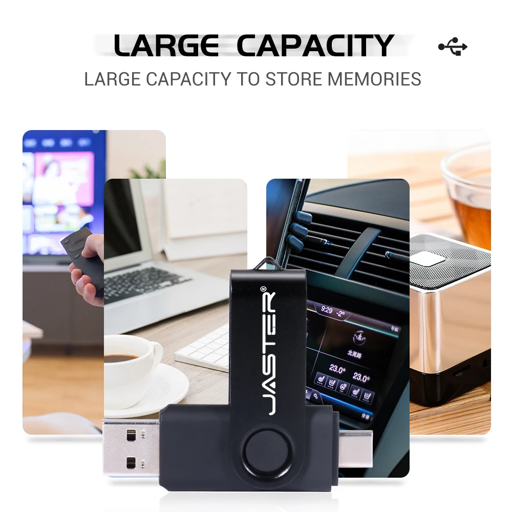 JASTER TYPE C USB Flash Drive 2.0 128GB 64GB 16GB 32GB With Keychain Pen Drive Rotating Pendrive Computer Mobile Phone Dual-Use