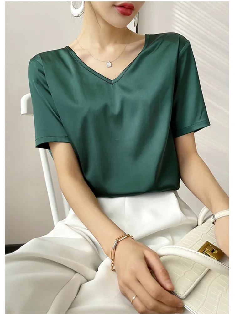 

Plus Size Office Lady Solid All-match Shirt New Summer Women Elegant Luxury Acetate Satin Tops V-Neck T-shirt Korean Slik Blouse