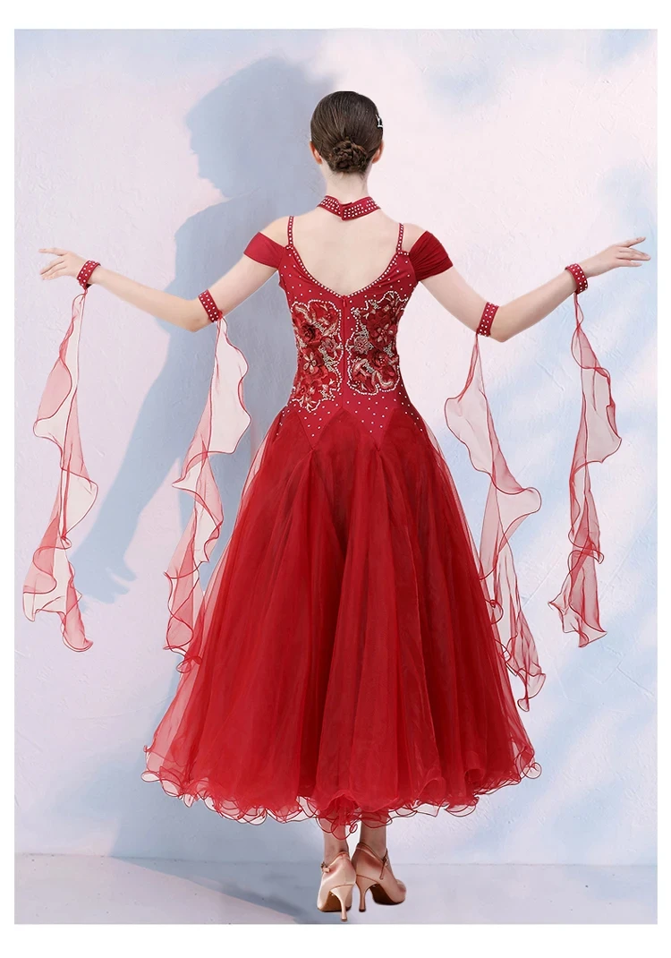 Abito da competizione standard con fionda Danza moderna Abito lungo rosso vino a maniche corte Abito da prestazione con nastro Nuovo valzer da donna