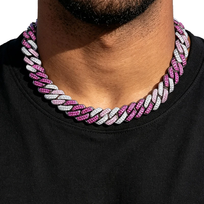 Extra Wide Triple-Tier 3 Shades Pink Clear CZ Cuban Choker Layered Iced Miami Link Hip Hop Couple Unisex Party Statement Jewelry