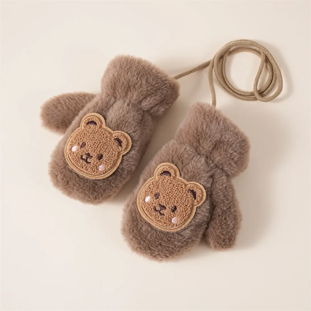 

Fashion Cute Cartoon Bear Baby Gloves Thicken Keep Warm Children Mittens Windproof with Neck Lanyard Lambswool Gloves Winter