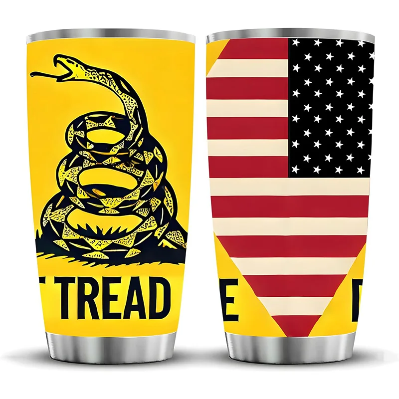 20oz Stainless Steel  Car Cup Dual Use Insulated Flask for Hot & Cold Beverages, Don’t Tread On Me Gadsden Snake & USA Flag