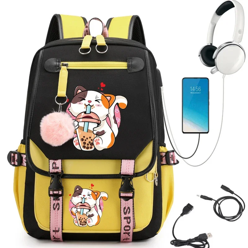 2024 baru nilon wanita ransel Korea mode Jepang perempuan pelajar tas sekolah gelembung teh kucing lucu Anime tas buku perjalanan