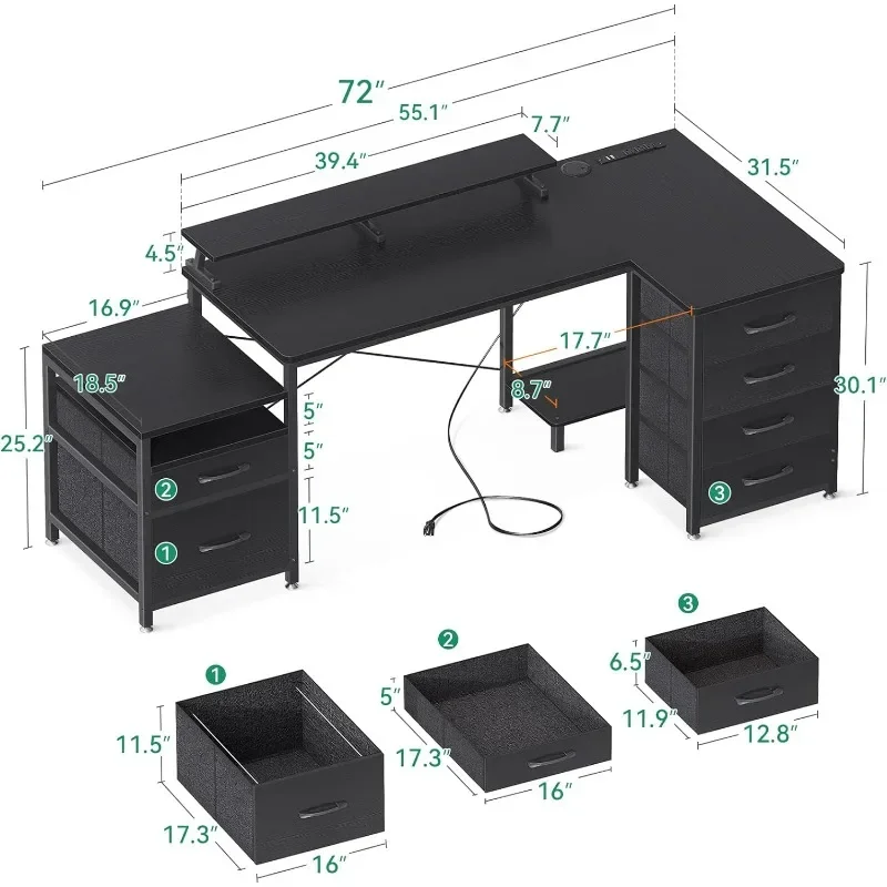 Bureau d'angle de jeu en forme de L avec support d'imprimante et étagère pour moniteur, grand bureau de travail pour bureau à domicile