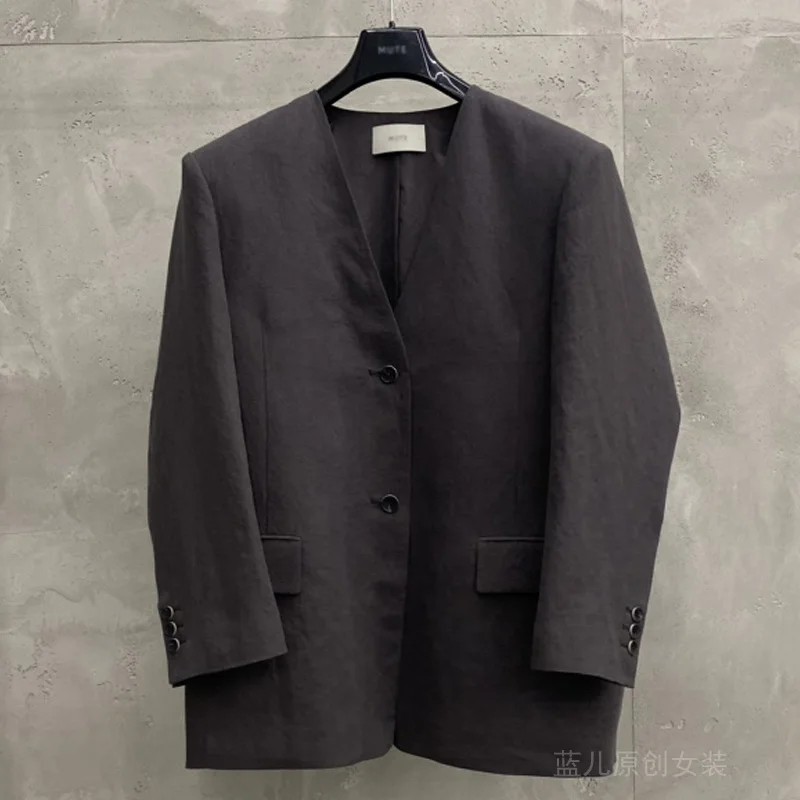 

SuperAen Korean Style Suit Jacket for Women Summer 2025 New Vintage V-neck Cotton and Linen Shirts