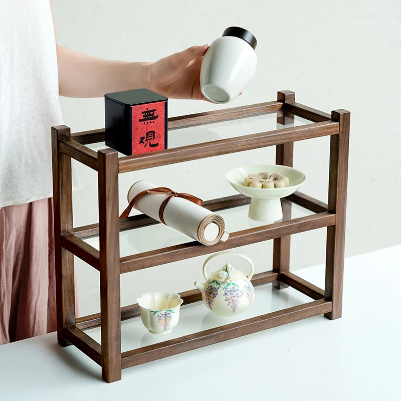 Black Walnut Double-Layer Tempered Glass Storage Rack, Duobaoge Tea Cup And Set Display Rack