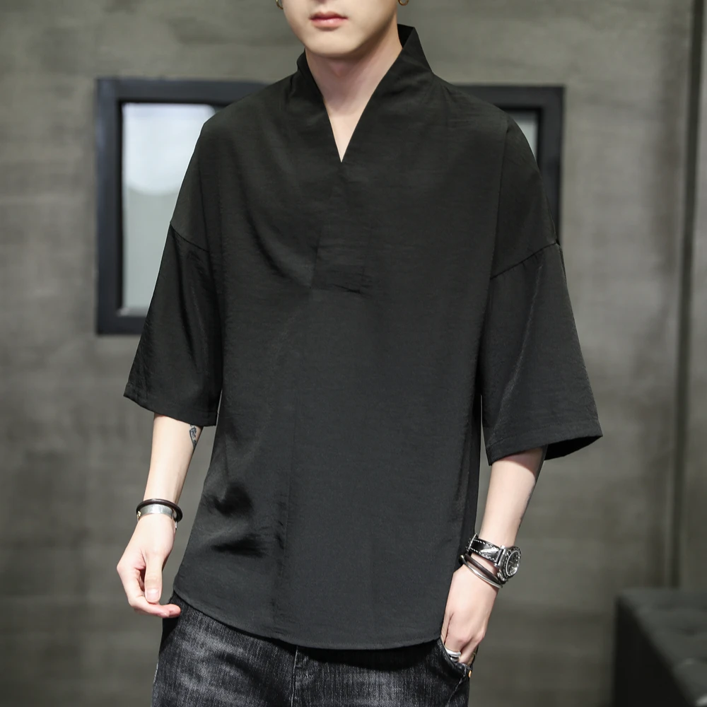 

Летний мужской костюм Тан, футболка ort Sve, свободный хлопок, лен, V-Ne, китайский Eth Faion, волокно из полиэстера Jaet