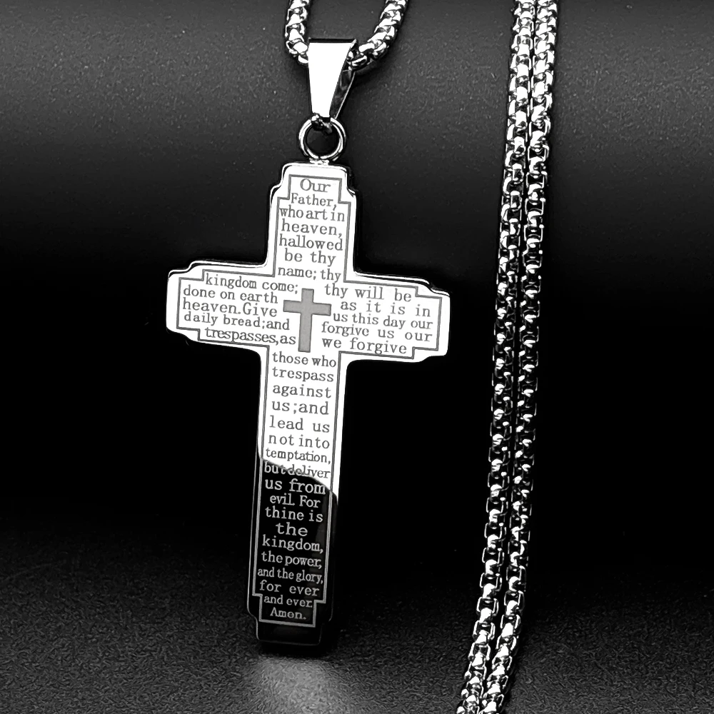 Christliche Bibel-Kreuzkette Halskette aus Edelstahl mit großem Anhänger, religiöser Gebetsschmuck für Männer, Corrente Masculina – Detail 5