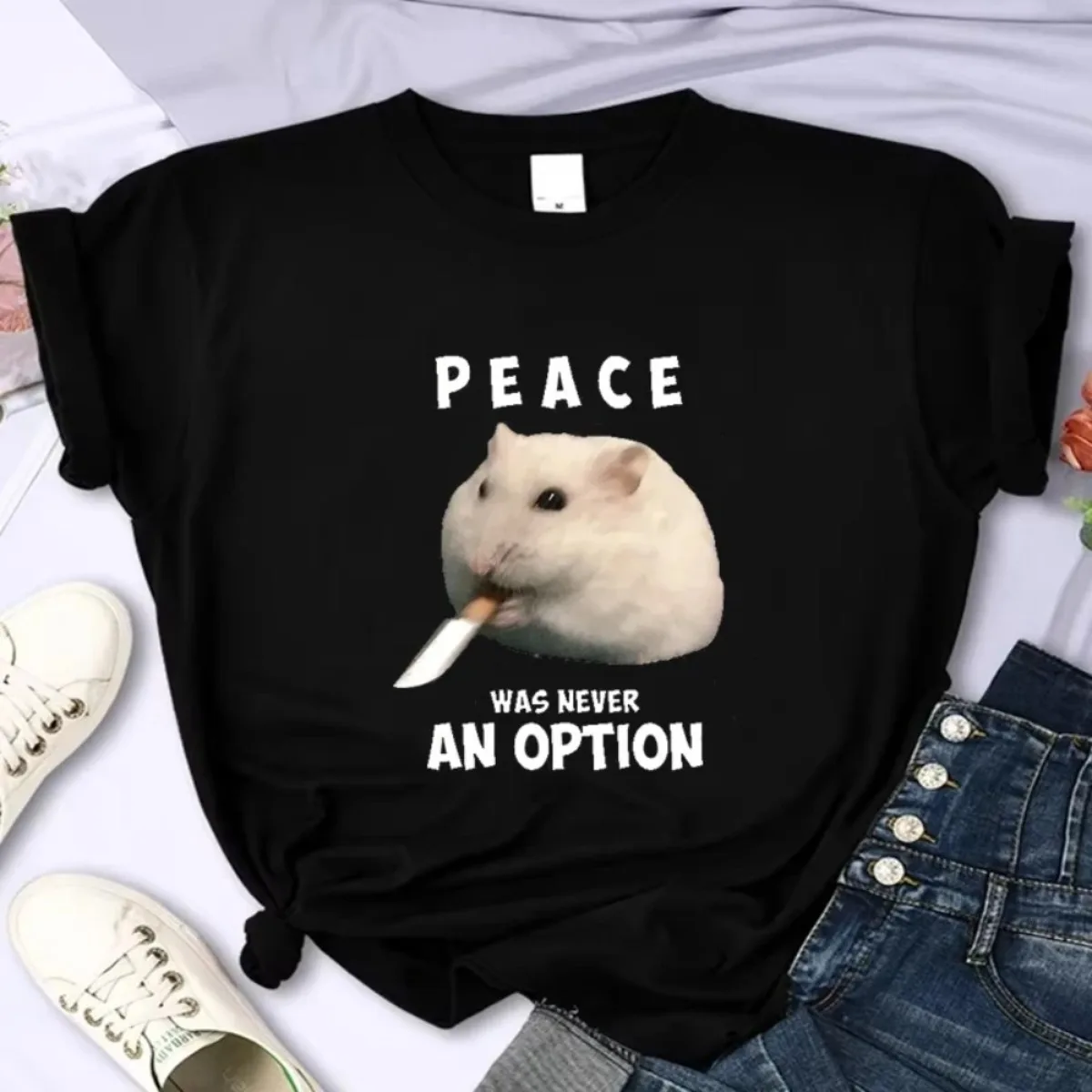 Summer Women Clothing Peace Was Never An Option Hamster Printed T-Shirts Harajuku Aesthetic T-shirt Unisex Streetwear Tees Tops