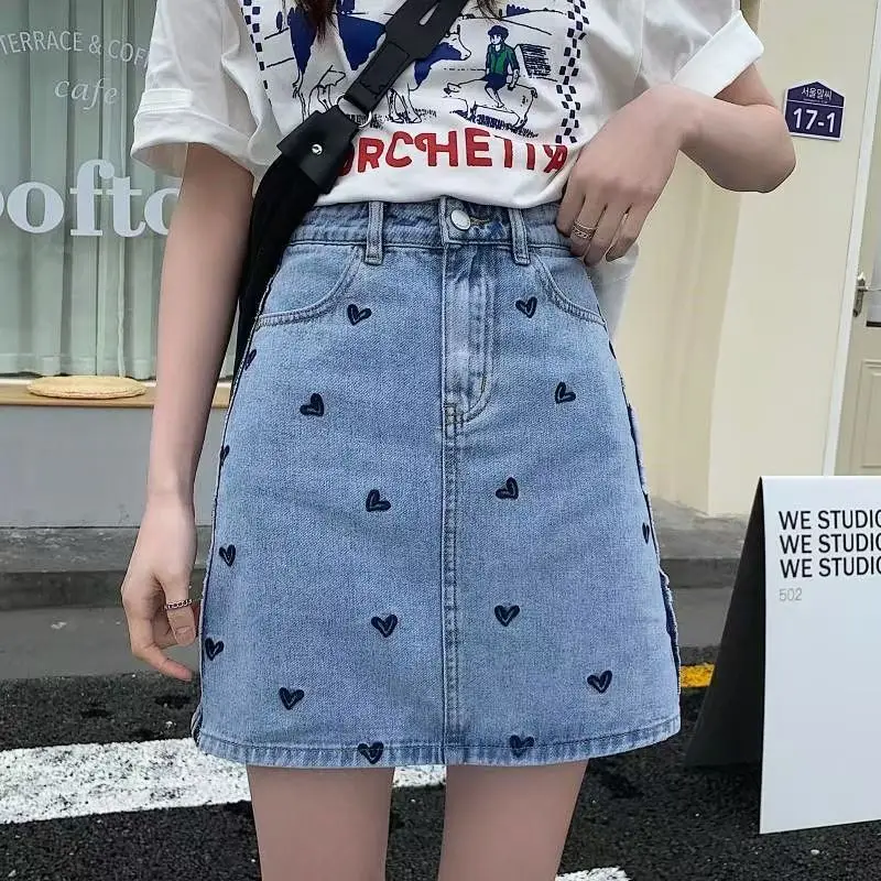 Cutie Sweet Pink Heart Denim Skirt Women 2024 Chic Front Button Up Mini Skirts School Girl Fashion High Waist a Line Jeans Skirt