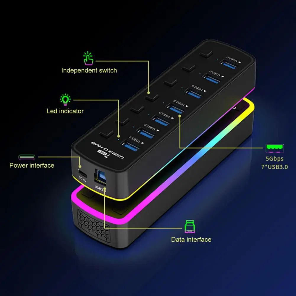 USB Laptop Docking Station  Compact Independent Switch LED Indicator  Quick Read Write USB Hub Expander Office Supplies