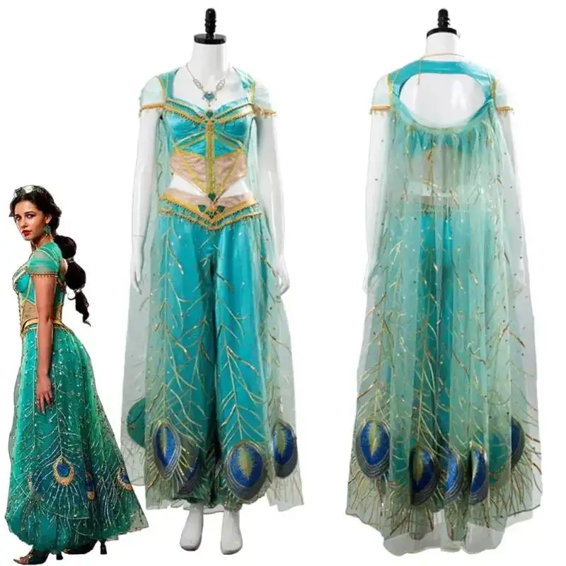 

The Movie Aladdin Princess Cosplay Jasmine Naomi Scott Green Blue Dress Costume Adult Women Female Halloween Carnival