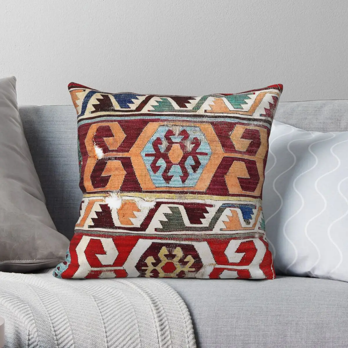 Konya Central Anatolian Kilim Pillowcase Polyester Linen Velvet Pattern Zip Decor Pillow Case Sofa Cushion Cover 45x45