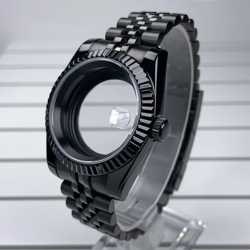 39mm DJ Full Black NH35 Case Fluted Bezel Sapphire Glass For Seik Mod Modification Part Fit NH35 NH36 Movement Steel Watch Case